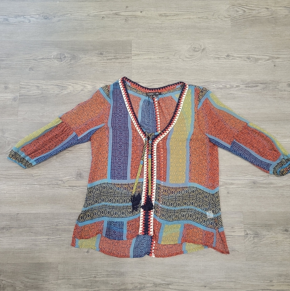 Gypsy 05 Women Silk V Neck Boho Blouse Size Small